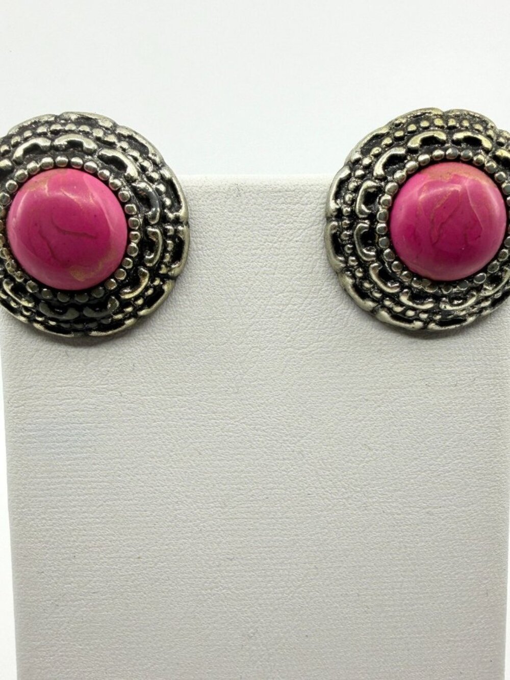 Vintage Pink Stone Silver Tone Clip-On Stud Earrings Bohemian Chic
